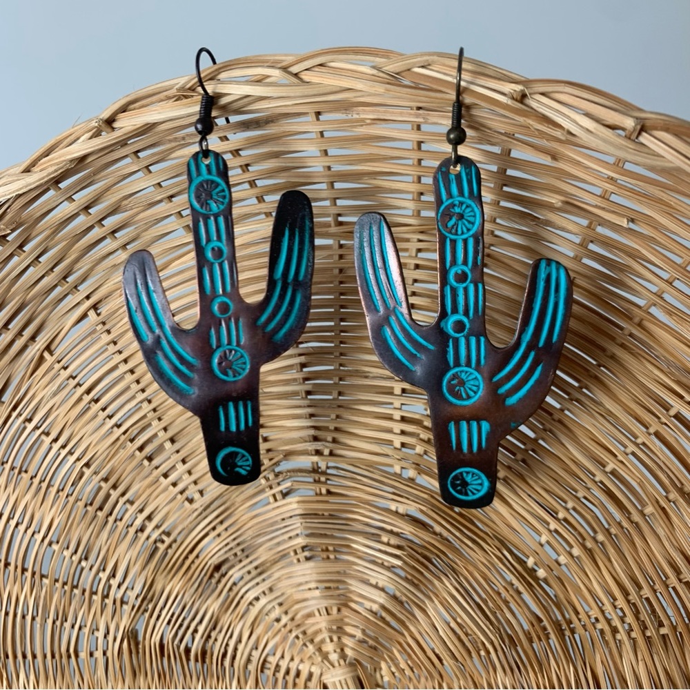 Vintage Copper Wester Cactus Statement Earrings